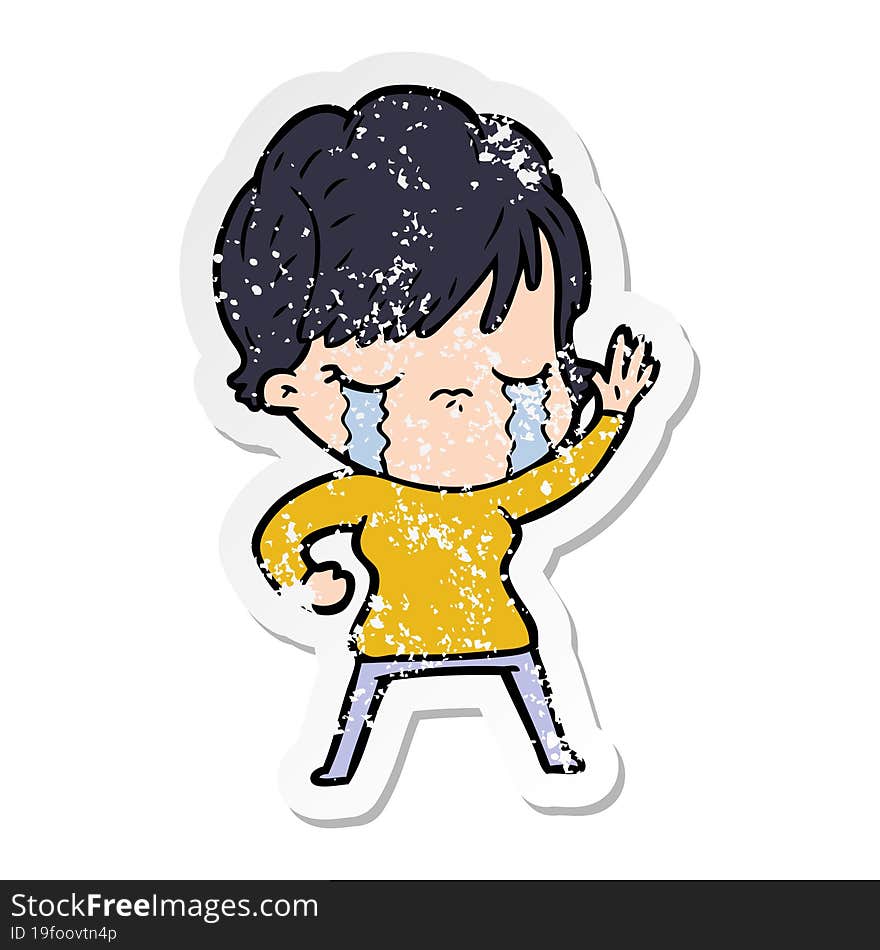 distressed sticker of a cartoon woman crying