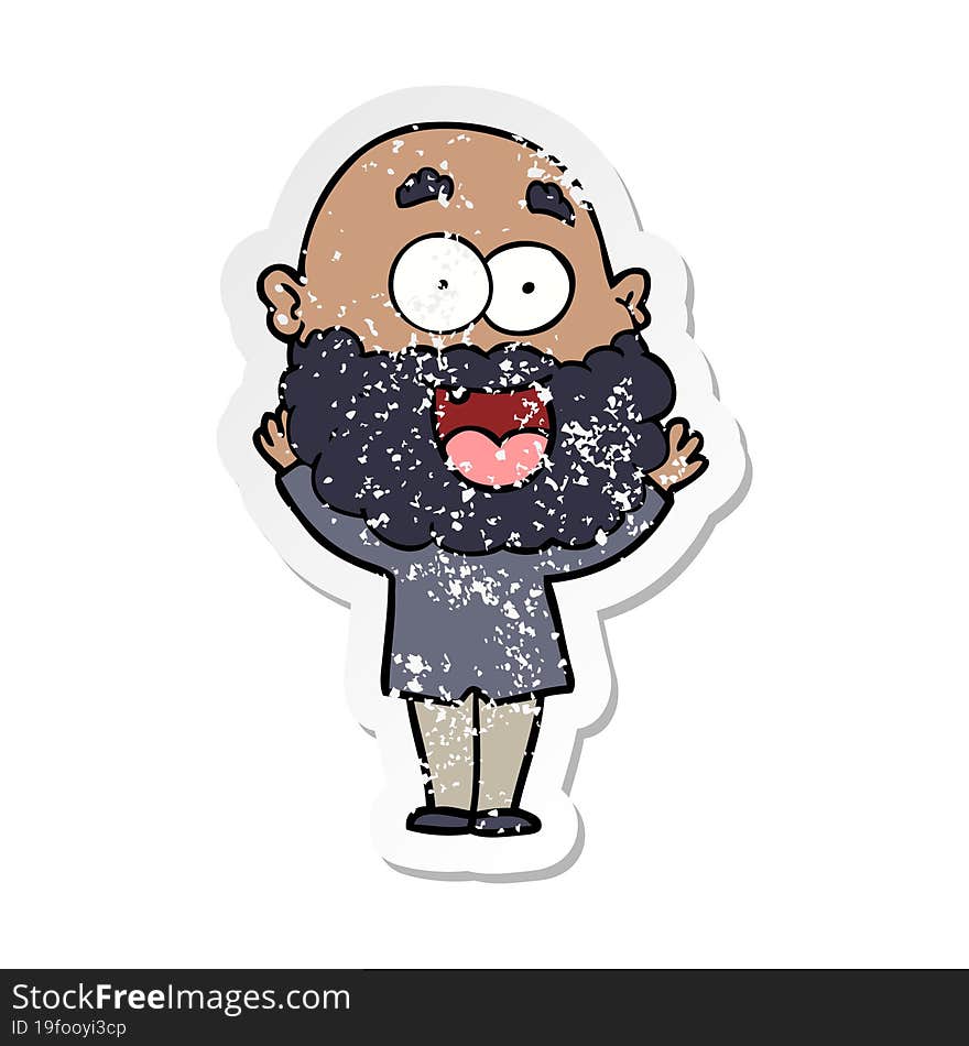 distressed sticker of a cartoon crazy happy man with beard