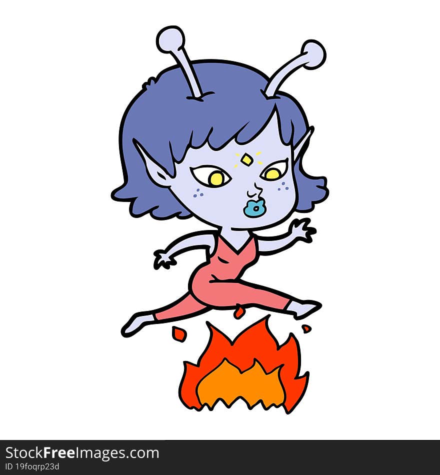 pretty cartoon alien girl jumping over fire. pretty cartoon alien girl jumping over fire