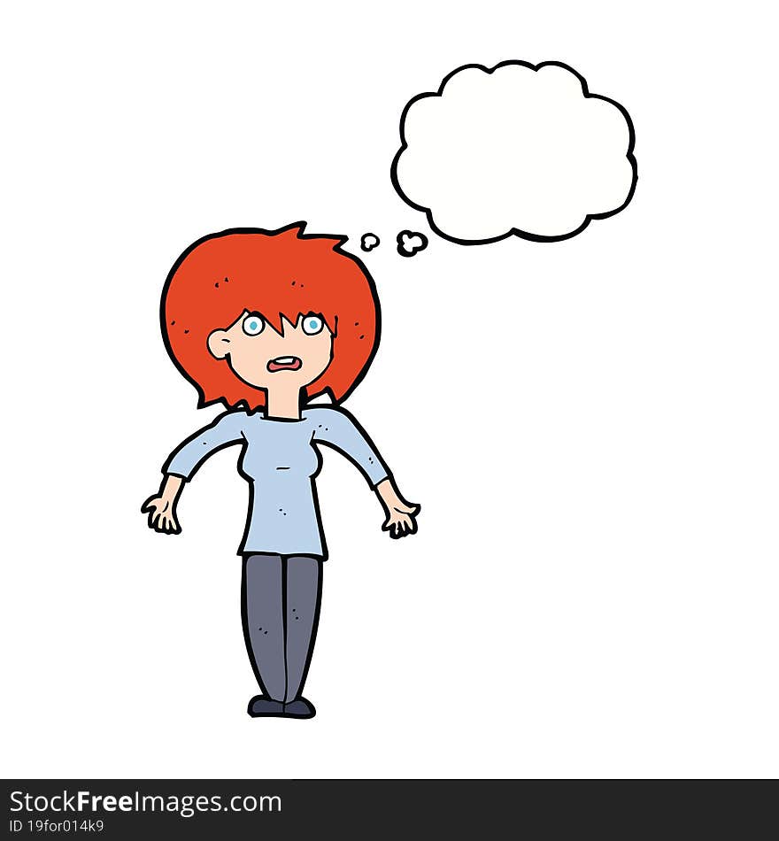 cartoon woman shrugging shoulders with thought bubble