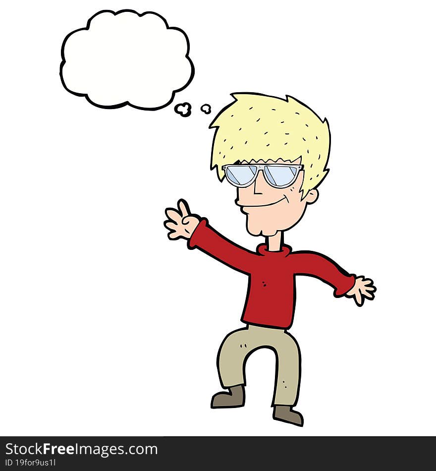 cartoon waving cool guy with thought bubble