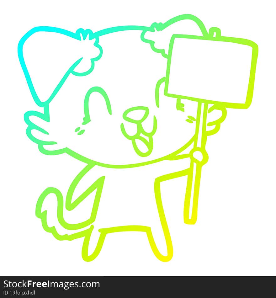 cold gradient line drawing of a laughing cartoon dog with sign