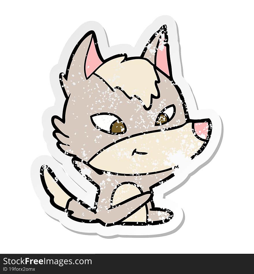 distressed sticker of a friendly cartoon wolf