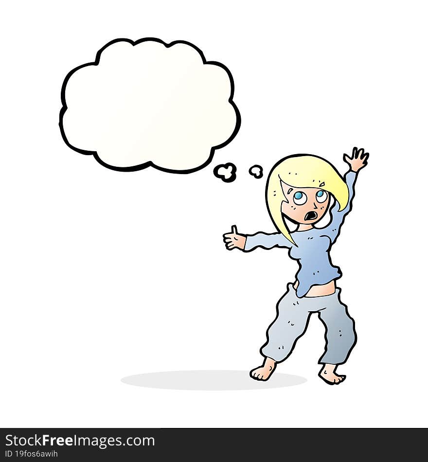 cartoon frightened woman with thought bubble