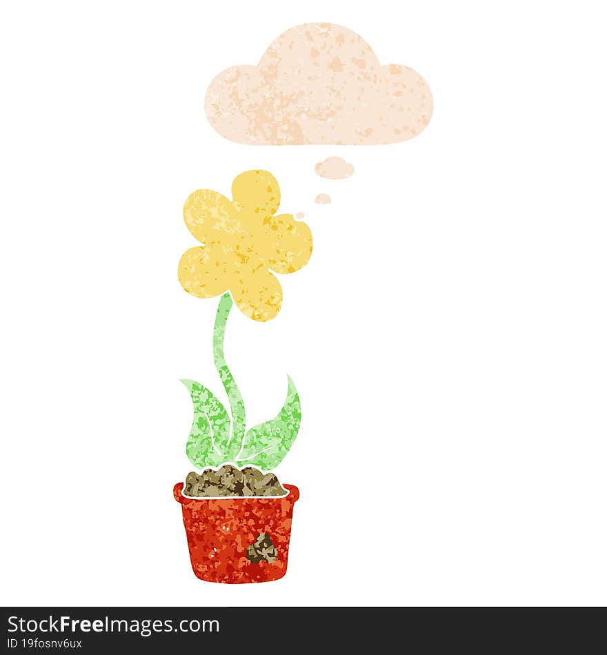 Cute Cartoon Flower And Thought Bubble In Retro Textured Style