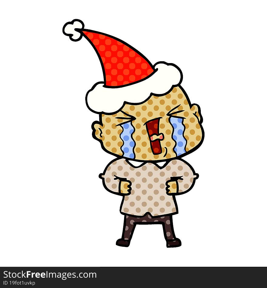 comic book style illustration of a crying bald man wearing santa hat