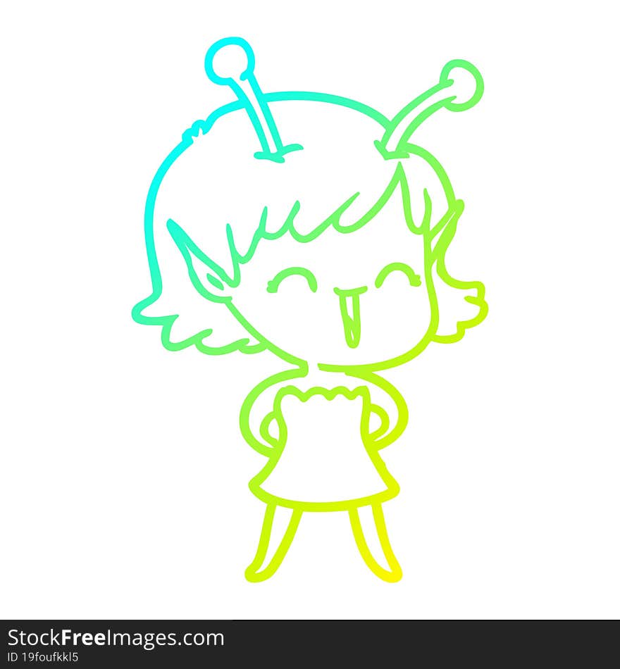 cold gradient line drawing of a cartoon alien girl laughing