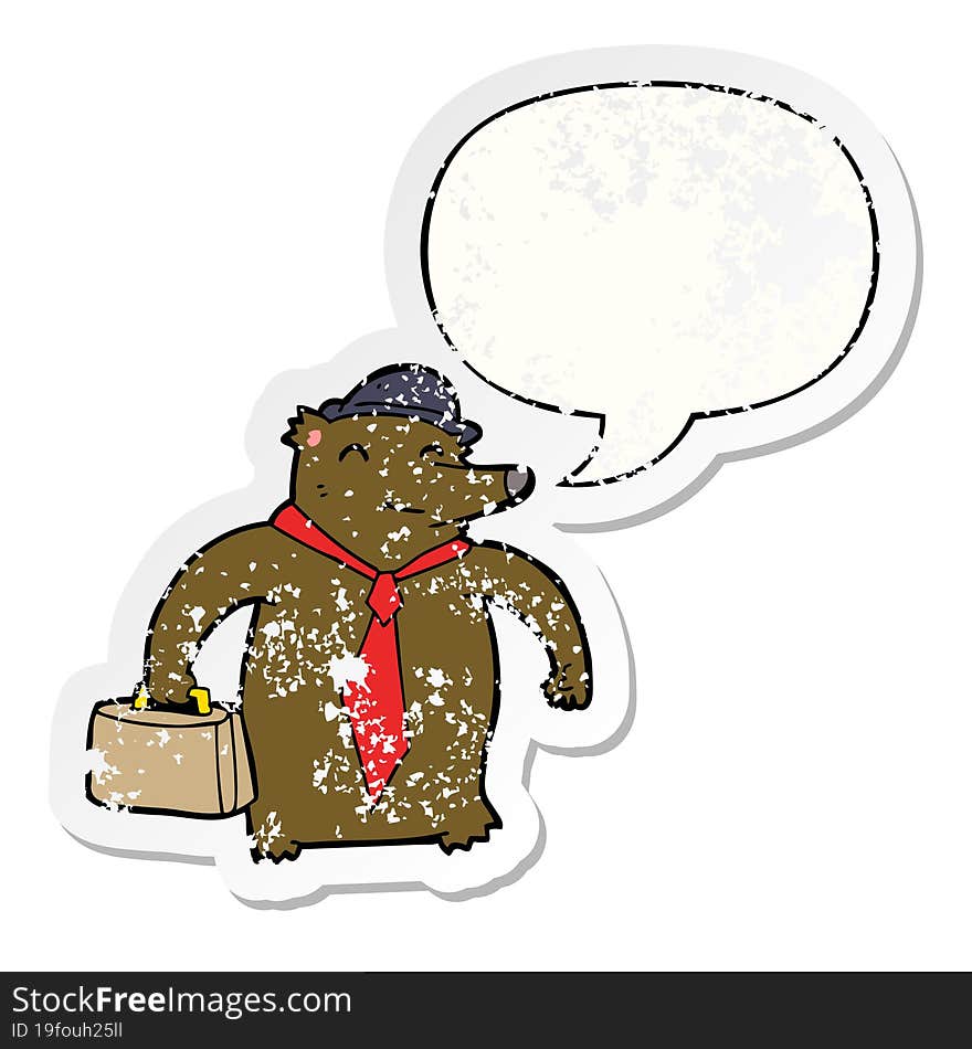 cartoon business bear with speech bubble distressed distressed old sticker. cartoon business bear with speech bubble distressed distressed old sticker