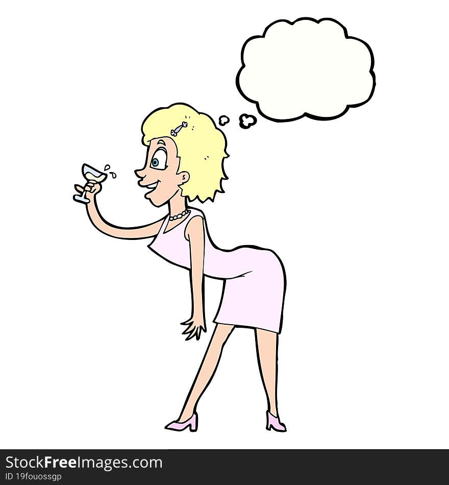 cartoon woman with drink with thought bubble