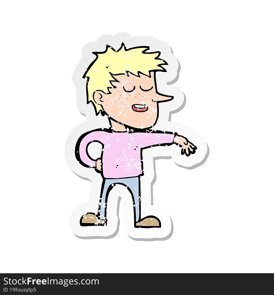 retro distressed sticker of a cartoon man making dismissive gesture