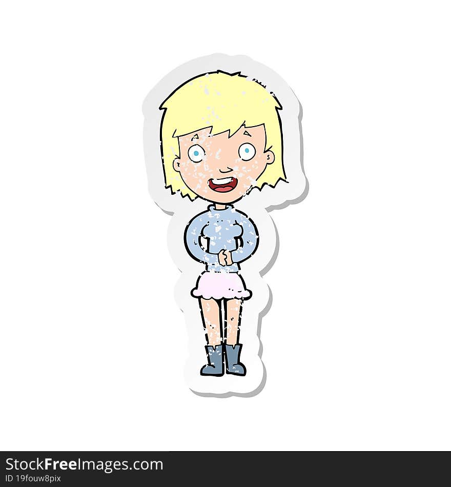 retro distressed sticker of a cartoon excited woman