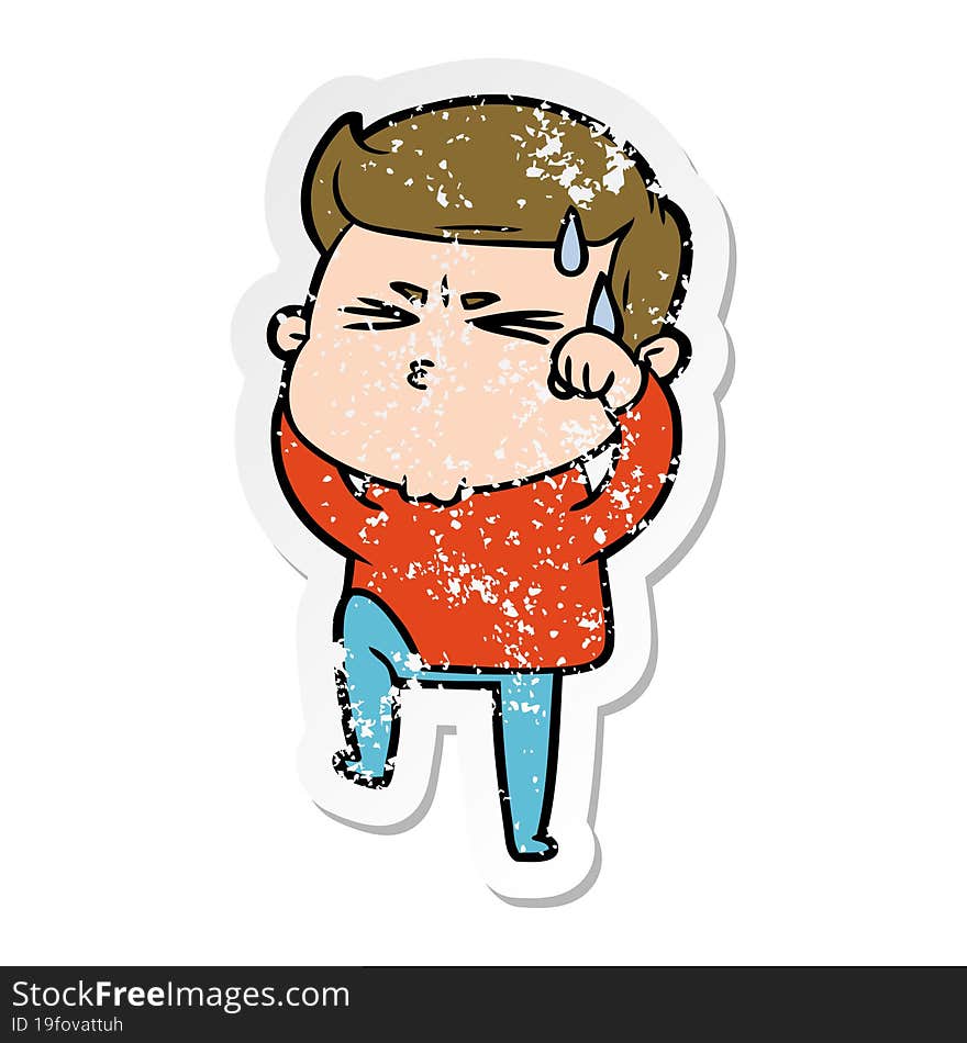 distressed sticker of a cartoon man sweating