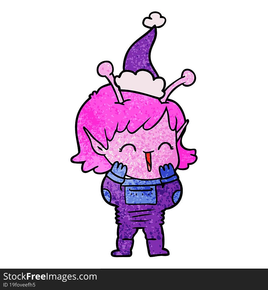 textured cartoon of a alien girl giggling wearing santa hat