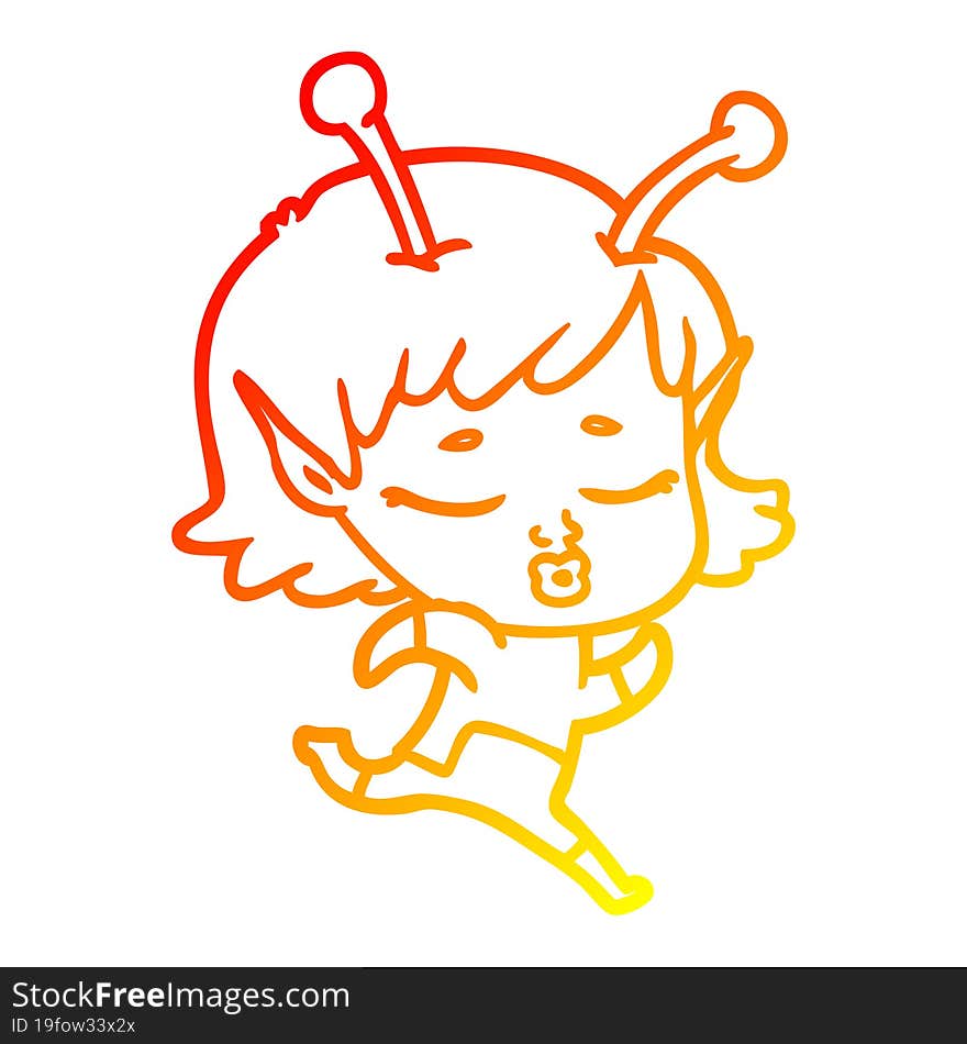 warm gradient line drawing of a cartoon alien girl