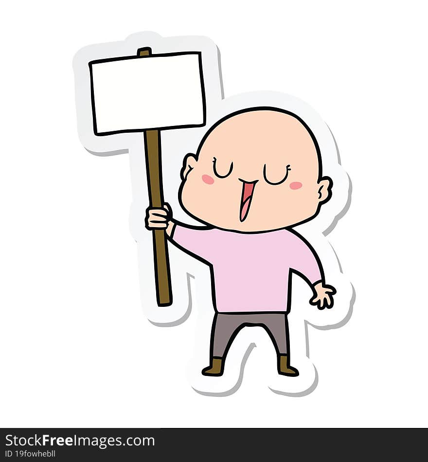 sticker of a happy cartoon bald man with sign