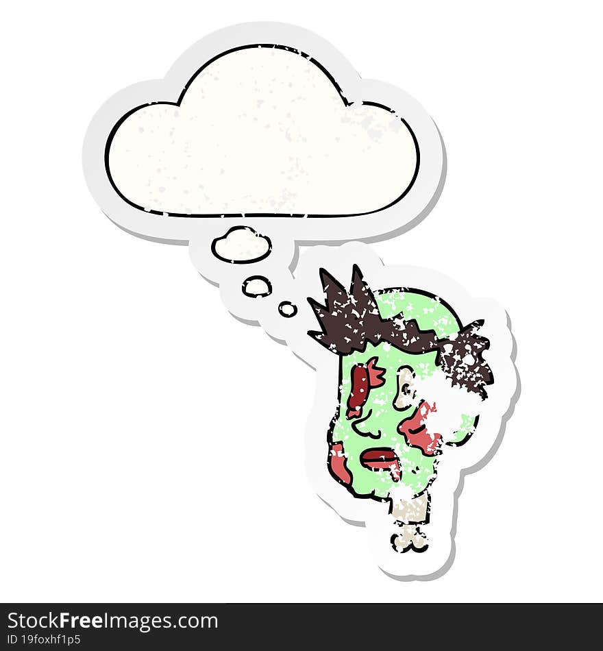 cartoon zombie head with thought bubble as a distressed worn sticker