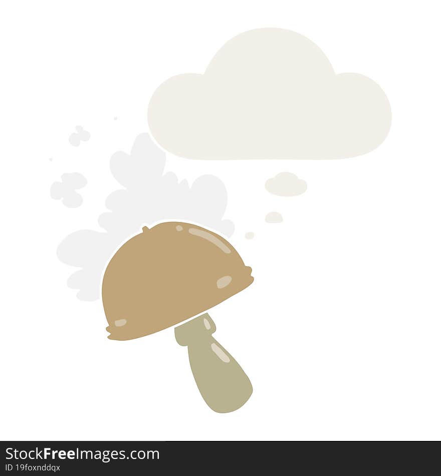 cartoon mushroom with spore cloud with thought bubble in retro style