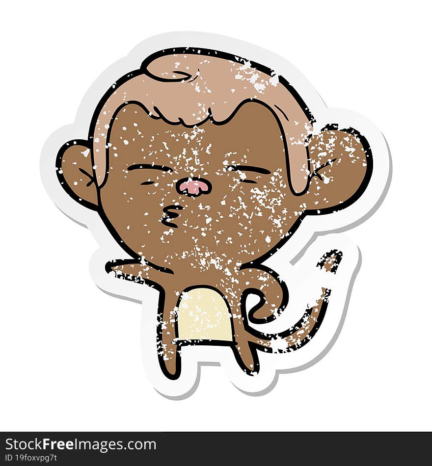 distressed sticker of a cartoon suspicious monkey