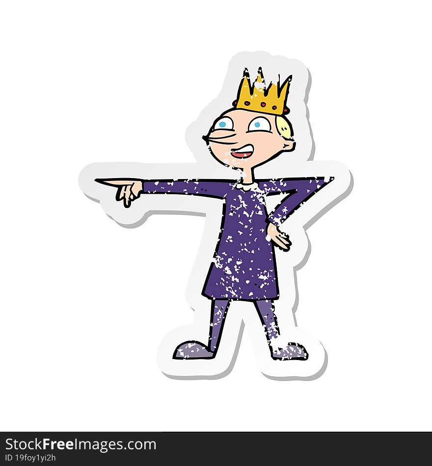 retro distressed sticker of a cartoon pointing prince