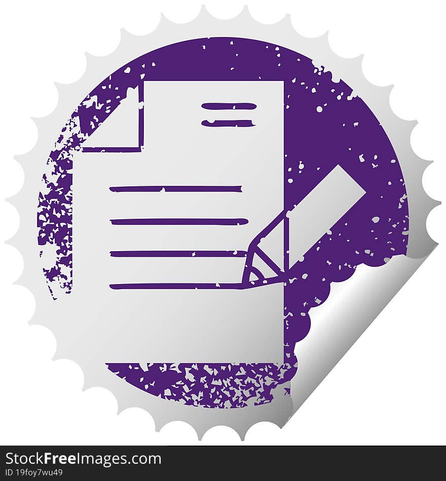 distressed circular peeling sticker symbol of writing a document