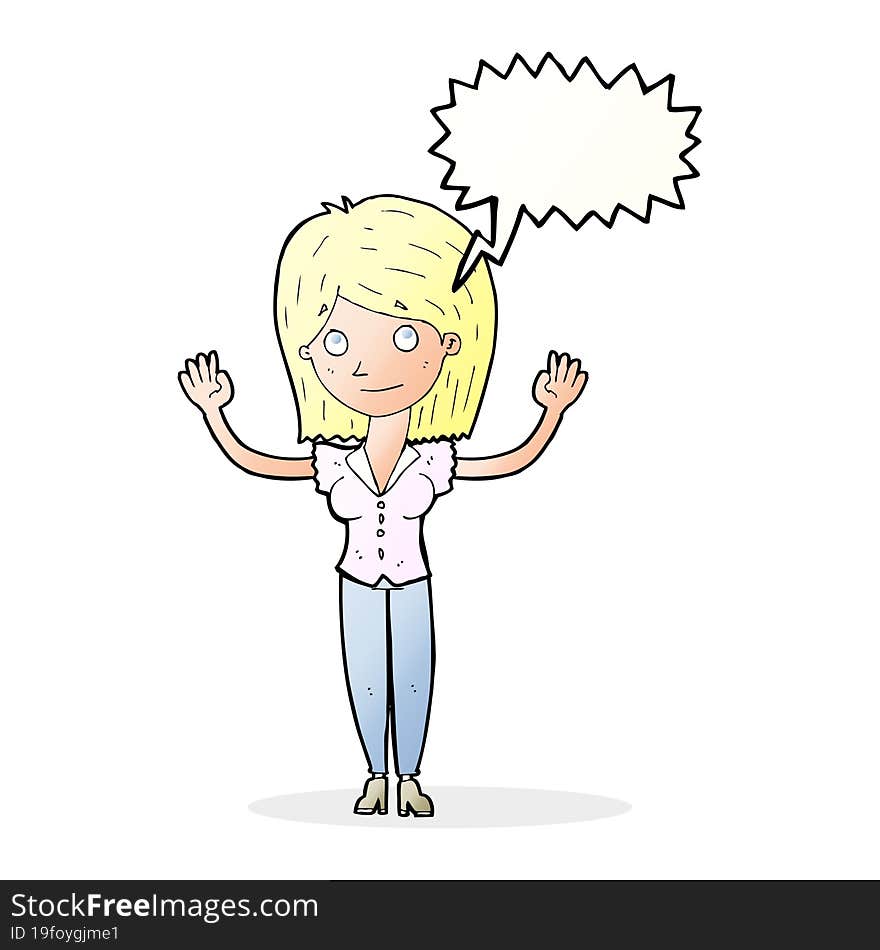 Cartoon Woman Holding Up Hands With Speech Bubble