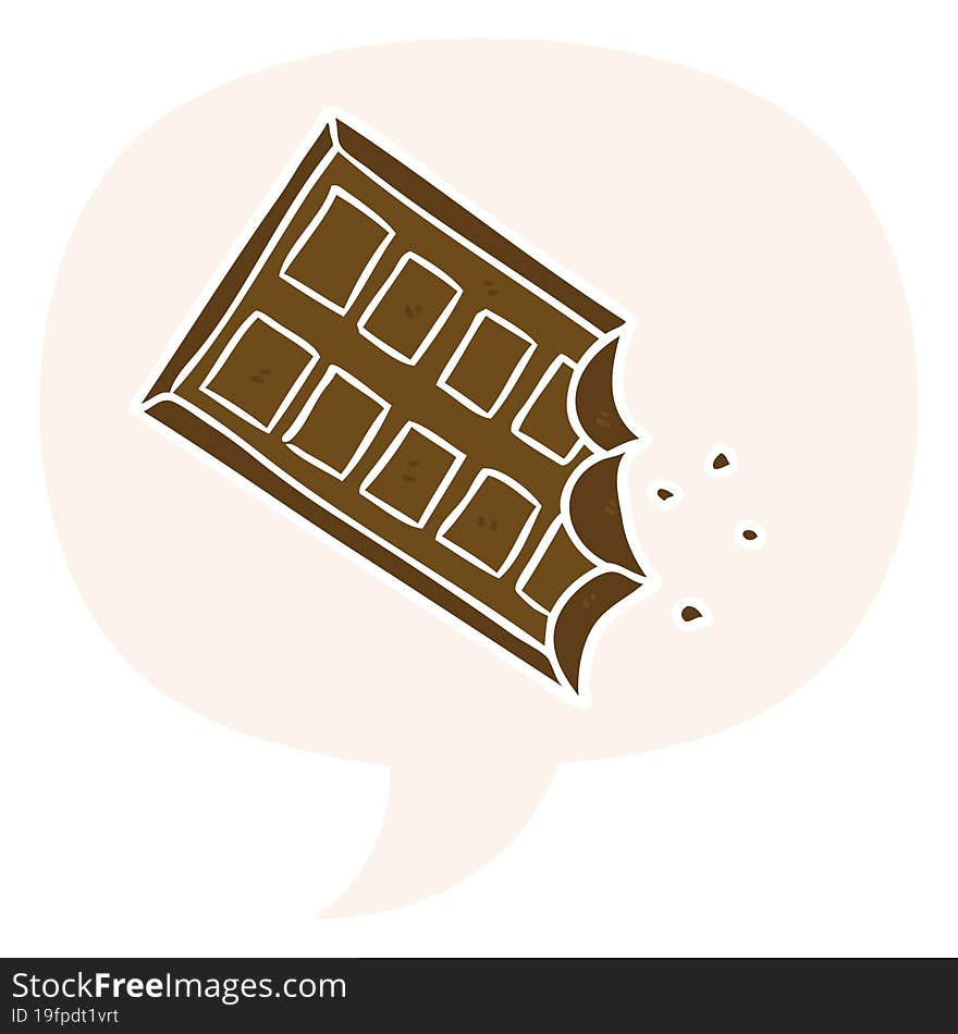 cartoon bar of chocolate and speech bubble in retro style