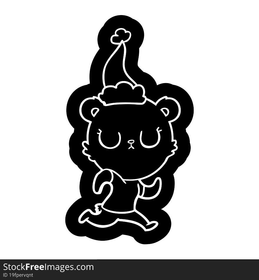 peaceful cartoon icon of a bear running wearing santa hat