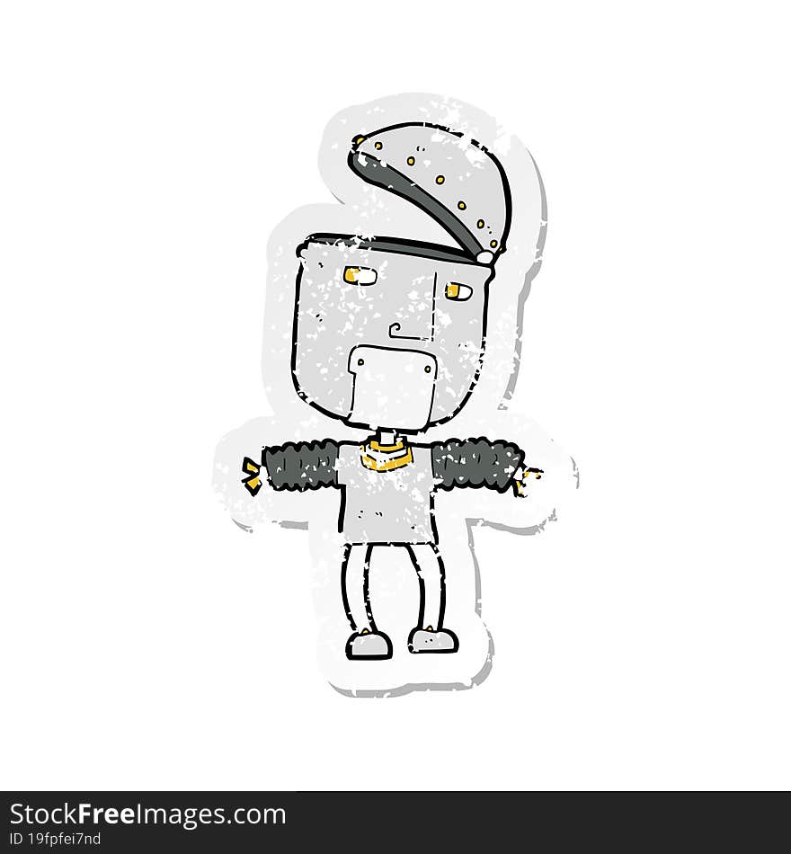 retro distressed sticker of a funny cartoon robot with open head