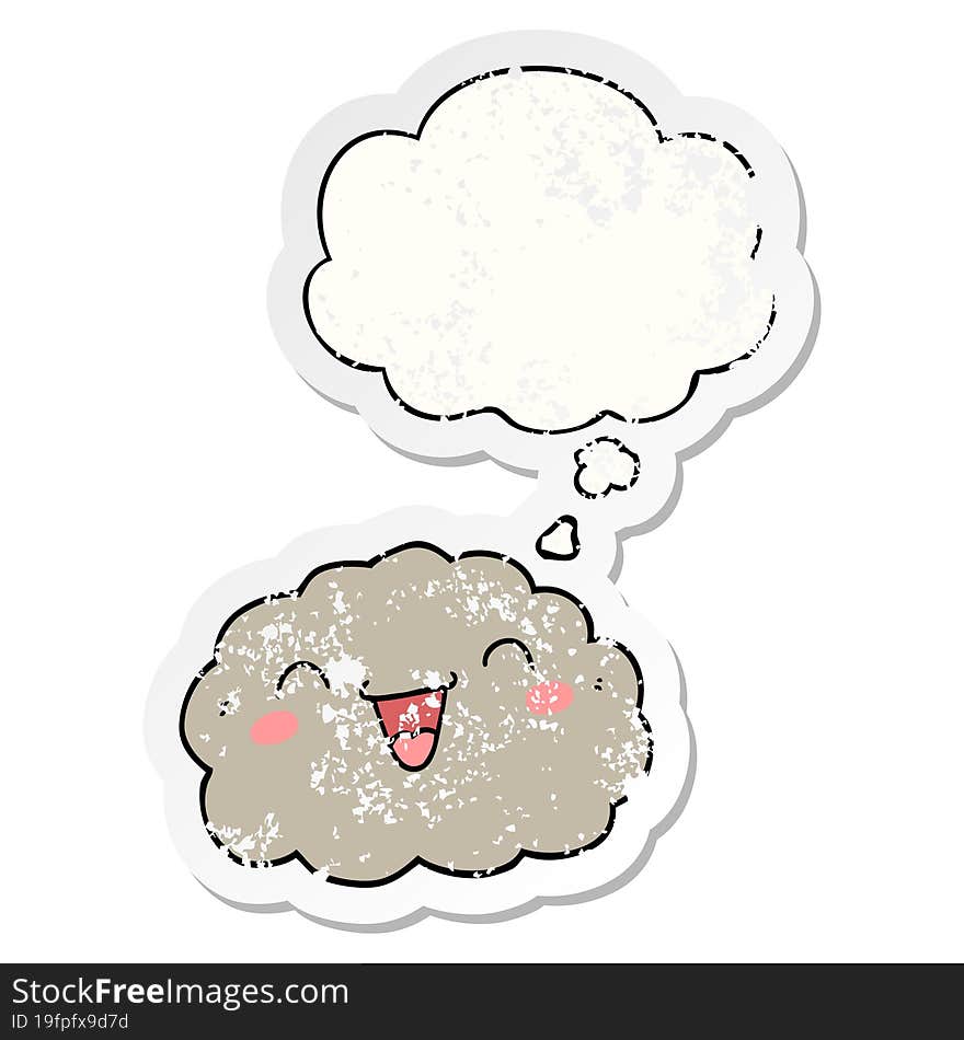 happy cartoon cloud and thought bubble as a distressed worn sticker