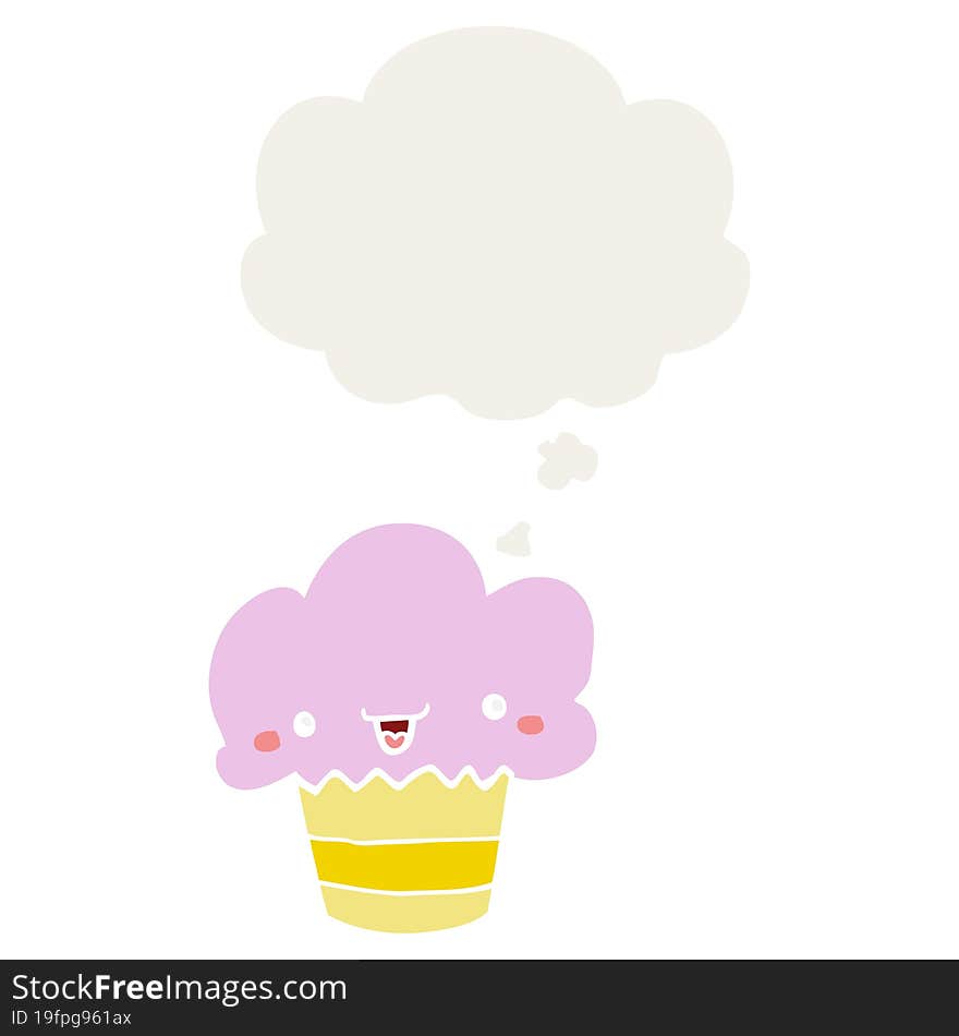 Cartoon Cupcake With Face And Thought Bubble In Retro Style