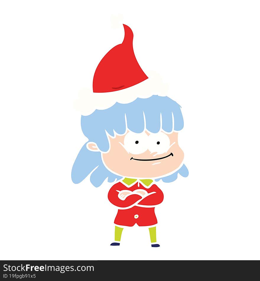 hand drawn flat color illustration of a smiling woman wearing santa hat