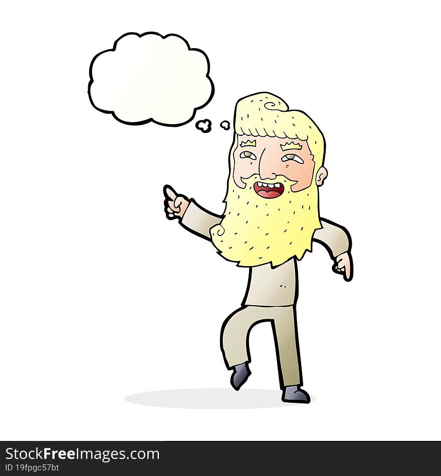 cartoon man with beard laughing and pointing with thought bubble