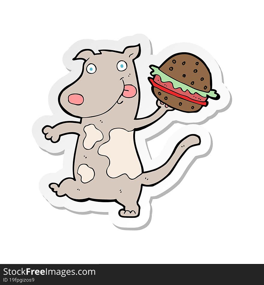 sticker of a cartoon hungry dog with burger