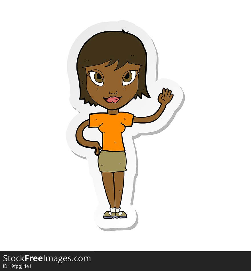 sticker of a cartoon woman waving