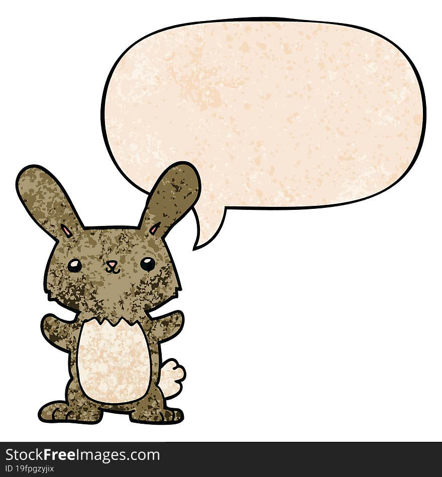 cute cartoon rabbit and speech bubble in retro texture style