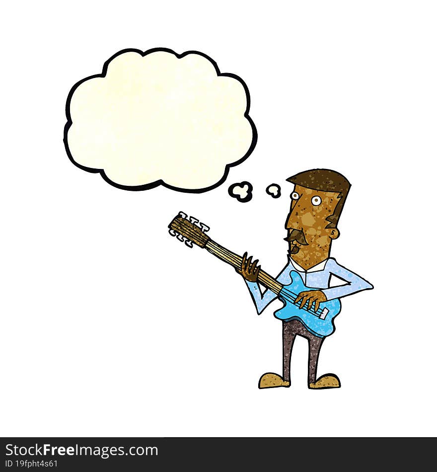 cartoon man playing electric guitar with thought bubble