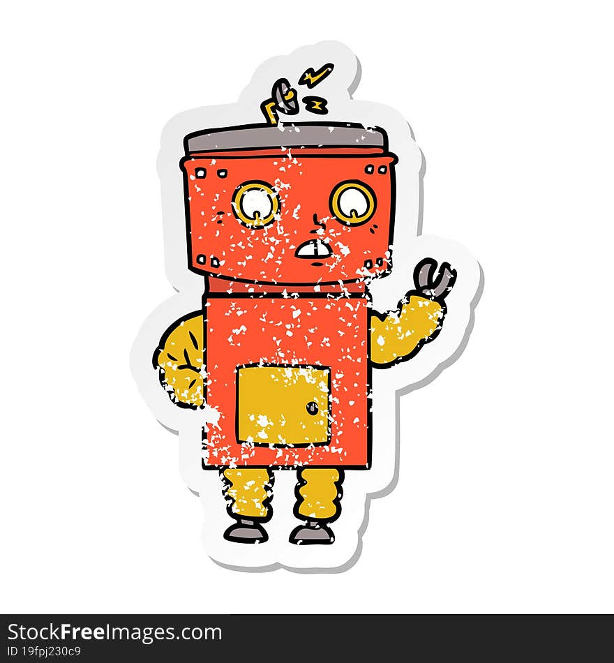 distressed sticker of a cartoon robot