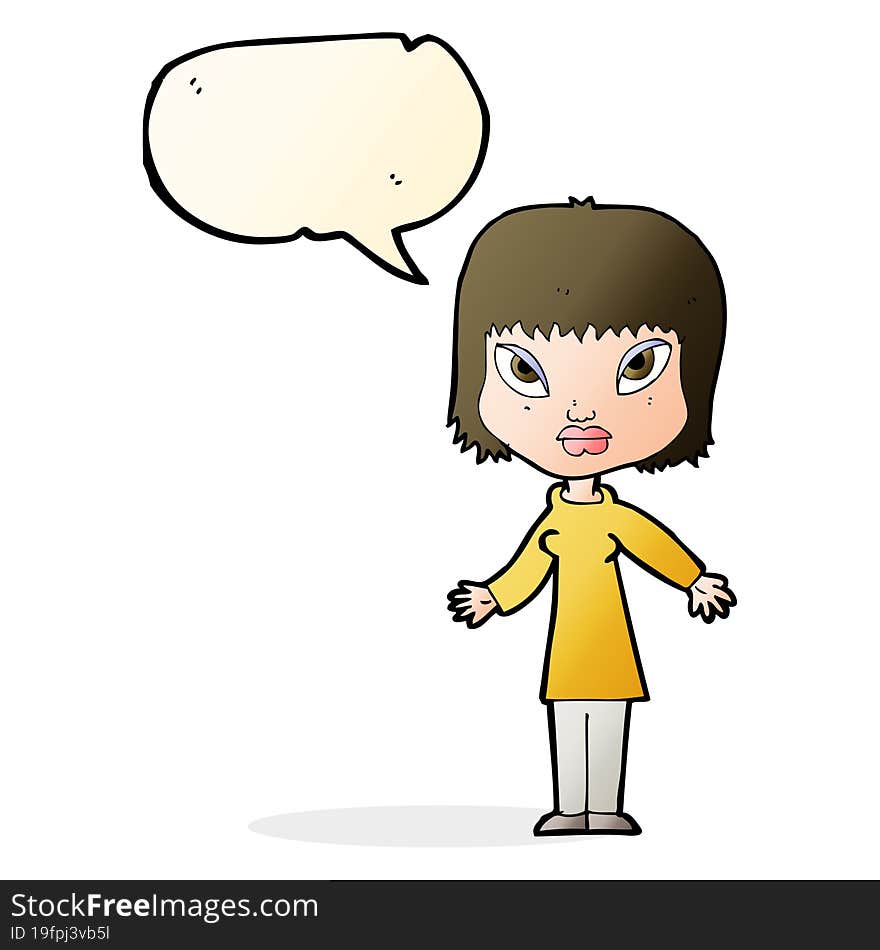 cartoon woman with open arms with speech bubble