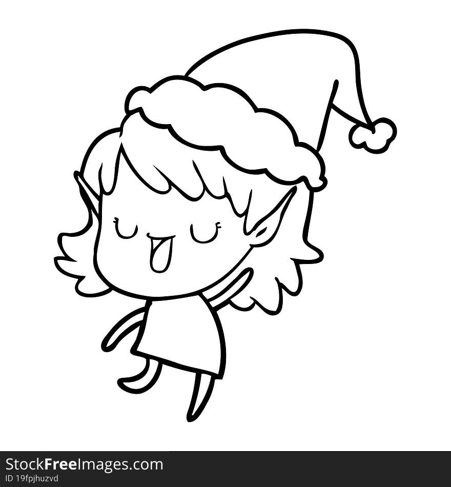 line drawing of a elf girl wearing santa hat