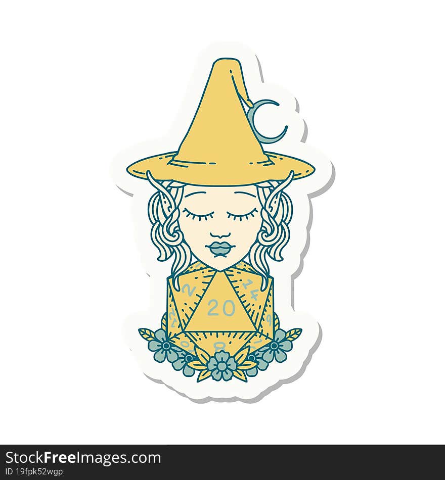 elf mage character with natural twenty dice roll sticker