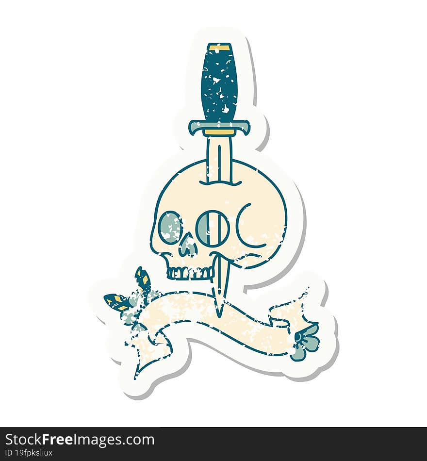 grunge sticker with banner of a skull and dagger