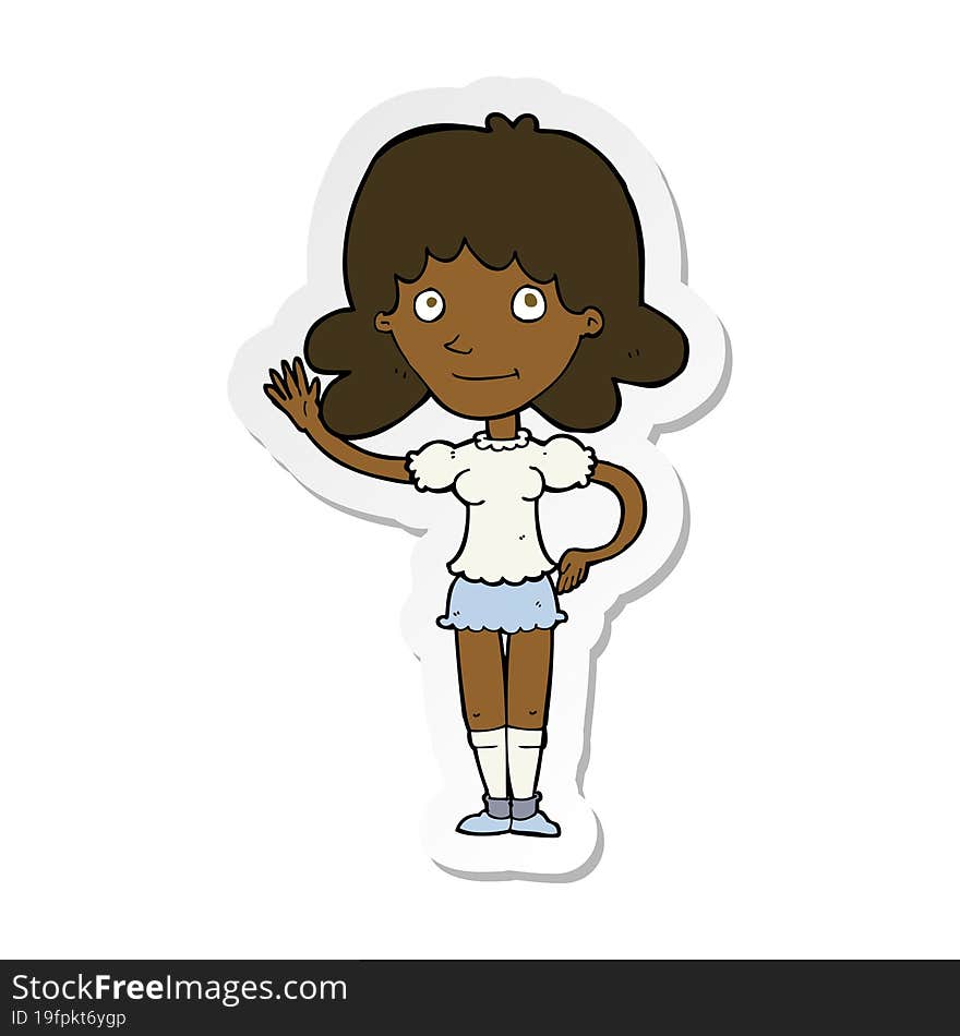 sticker of a cartoon woman waving