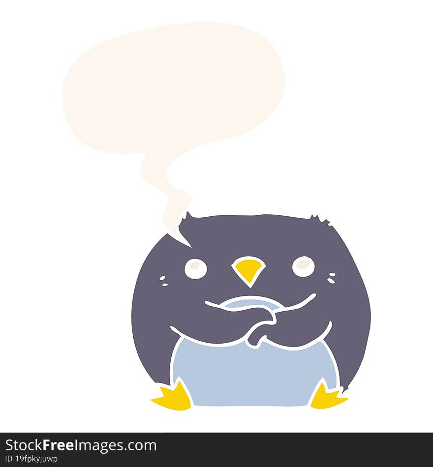 cartoon penguin with speech bubble in retro style