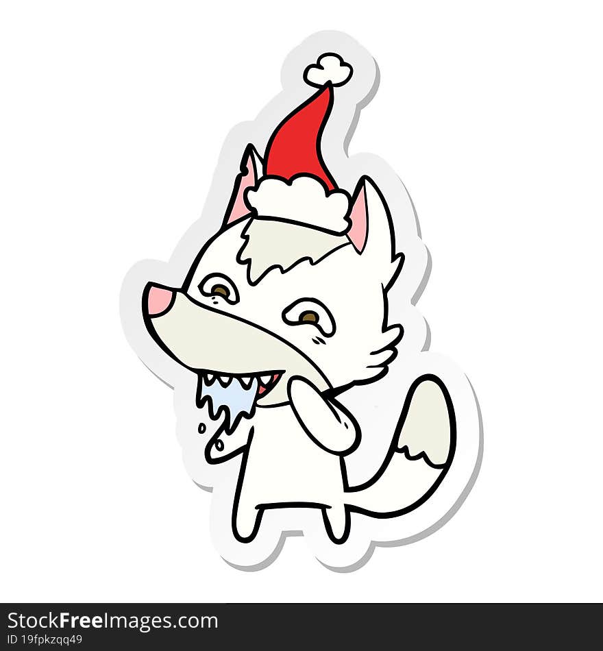 sticker cartoon of a hungry wolf wearing santa hat