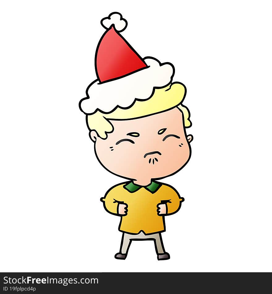 gradient cartoon of a annoyed man wearing santa hat