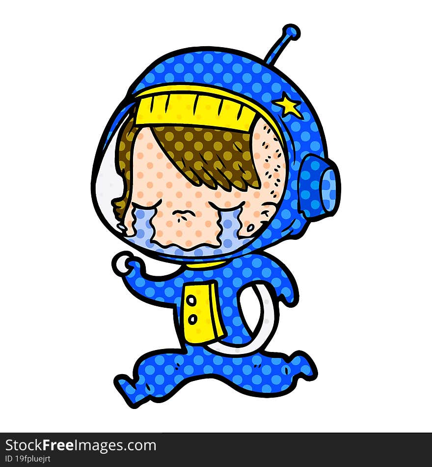 cartoon crying astronaut girl running. cartoon crying astronaut girl running