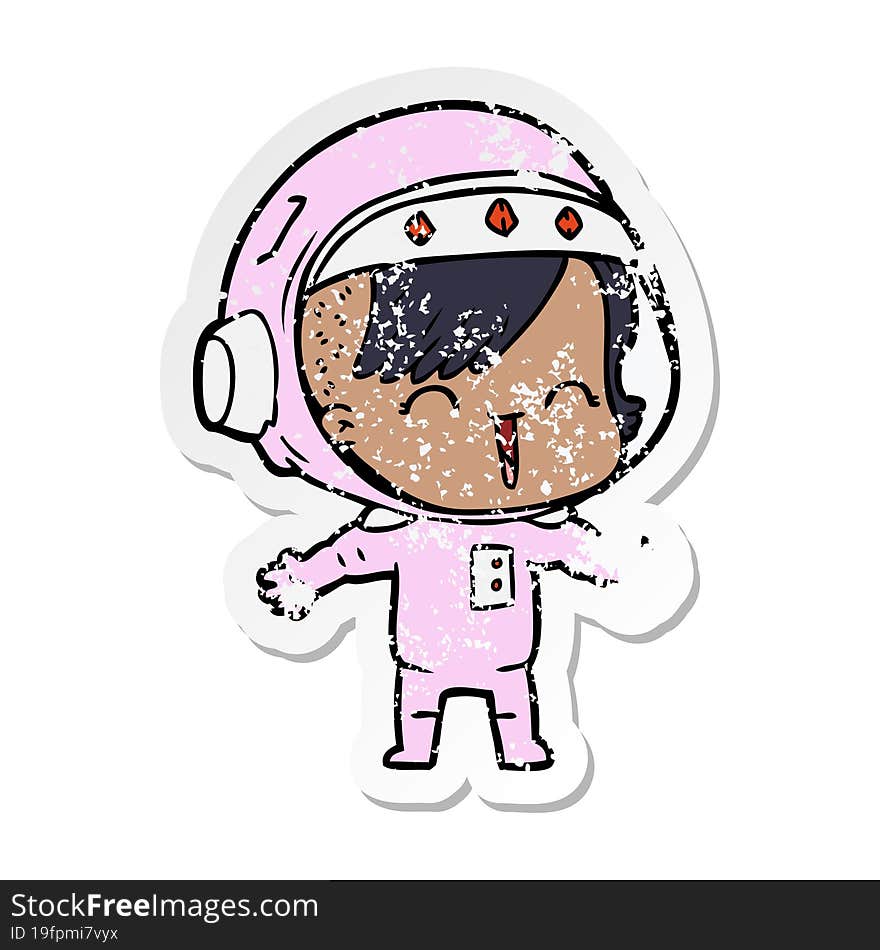 Distressed Sticker Of A Cartoon Laughing Astronaut Girl