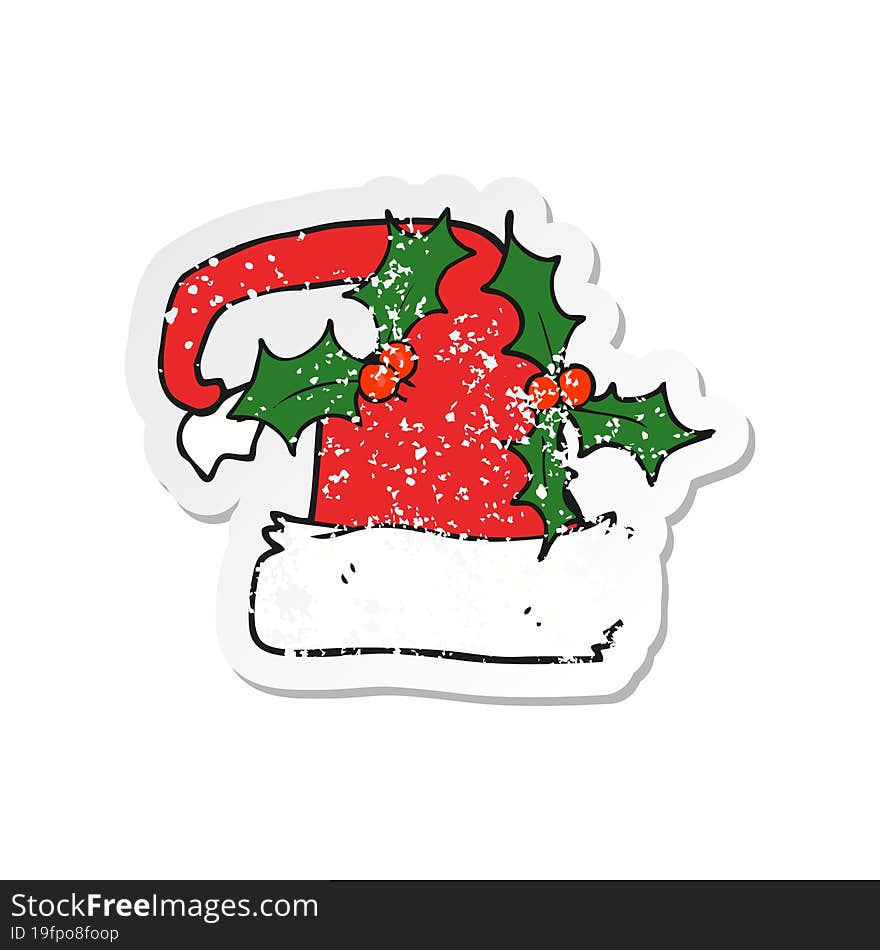 retro distressed sticker of a cartoon christmas holly hat