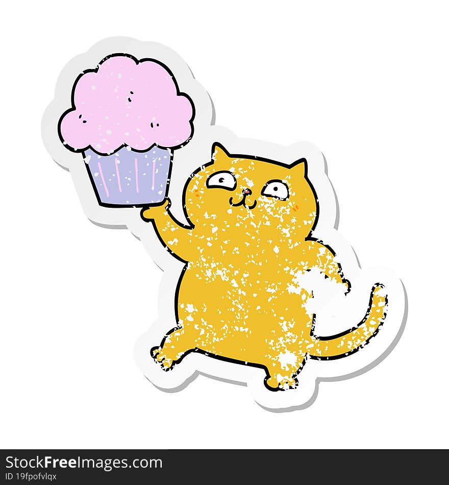 distressed sticker of a cartoon cat with cupcake