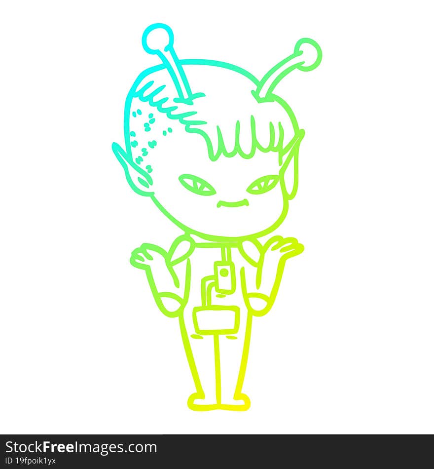 cold gradient line drawing of a cute cartoon alien girl